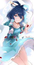Rule 34 | 1girl, absurdres, blue dress, blue eyes, blue hair, breasts, closed mouth, collarbone, commentary, cowboy shot, dress, flower, frilled dress, frilled sleeves, frills, hagoromo, hair ornament, hair rings, hair stick, hand up, highres, kaku seiga, leaf, looking at viewer, medium breasts, petals, pink flower, shawl, short hair, short sleeves, smile, solo, tamiku (shisyamo609), touhou