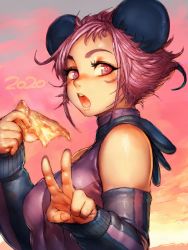 Rule 34 | 1girl, 2020, :o, animal ears, bare shoulders, chinese zodiac, commentary, eyebrows, food, fumio (rsqkr), highres, looking at viewer, mouse ears, mouse girl, open mouth, original, pink eyes, pink hair, pizza, short hair, solo, teeth, v