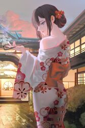Rule 34 | 1girl, absurdres, architecture, backlighting, blue eyes, brown hair, cloud, dusk, east asian architecture, flower, hair flower, hair ornament, highres, japanese clothes, kimono, lips, long hair, myabit, obi, off shoulder, original, outdoors, parted lips, sash, sky, smoke, smoking pipe, solo, sunset
