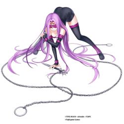 Rule 34 | 1girl, absurdly long hair, all fours, ass, black dress, black thighhighs, breasts, chain, cleavage, detached sleeves, dress, facial mark, fate/stay night, fate (series), holding, holding weapon, long hair, medium breasts, medusa (fate), medusa (rider) (fate), nameless dagger (fate), official art, purple hair, short dress, simple background, sleeveless, sleeveless dress, smile, solo, strapless, strapless dress, thighhighs, tube dress, very long hair, weapon, white background, zettai ryouiki