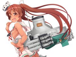 Rule 34 | anchor, bare arms, brown eyes, brown hair, cannon, dark-skinned female, dark skin, dress, fang, from side, hair ribbon, hat, kantai collection, libeccio (kancolle), long hair, looking at viewer, machinery, mast, mofu namako, open mouth, propeller, ribbon, sailor dress, sleeveless, sleeveless dress, smokestack, solo, tan, torpedo tubes, turret, twintails