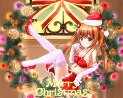 Rule 34 | 1girl, breasts, brown eyes, christmas, elbow gloves, gloves, hat, high heels, large breasts, long hair, looking at viewer, merry christmas, navel, orange hair, original, santa costume, santa hat, solo, thighhighs, thighs, tsukino miyu, twintails, white gloves, white thighhighs
