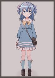 Rule 34 | 1girl, :3, absurdres, arms at sides, bag, blue bow, blue dress, blue eyes, blue hair, blue socks, bow, brown bag, brown footwear, dress, frilled dress, frills, full body, grey background, heart, highres, loafers, looking at viewer, medium hair, morio926, nijisanji, raised eyebrows, shoes, socks, solo, standing, two side up, virtual youtuber, yellow bow, yuuki chihiro