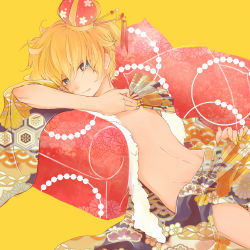 Rule 34 | 1boy, ajimita, bad id, bad pixiv id, blonde hair, blue eyes, crown, gigantic o.t.n (vocaloid), hair ornament, hand fan, holding, japanese clothes, kagamine len, licking lips, long sleeves, looking at viewer, male focus, navel, open clothes, simple background, smile, solo, tongue, tongue out, vocaloid, yellow background