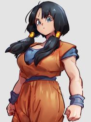 Rule 34 | 1girl, arms at sides, black hair, blue eyes, closed mouth, cosplay, dougi, dragon ball, dragonball z, grey background, kemachiku, long hair, looking at viewer, low twintails, simple background, solo, son goku, son goku (cosplay), twintails, videl