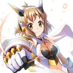 Rule 34 | 1girl, ahoge, breasts, brown hair, clenched hand, clothing cutout, commentary request, hair ornament, hairclip, headgear, headphones, highres, light brown hair, looking at viewer, making-of available, medium breasts, navel, navel cutout, nyanmaru, scarf, senki zesshou symphogear, short hair, skin tight, smile, solo, sparks, tachibana hibiki (symphogear)
