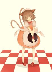 Rule 34 | 1girl, absurdres, animal ears, apron, brown eyes, cat ears, cat girl, cat tail, chen, earrings, female focus, full body, highres, jewelry, multiple tails, red eyes, short hair, solo, tail, touhou, waitress