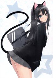 Rule 34 | 10s, 1girl, absurdres, animal ears, aqua eyes, ass, bag, black hair, blue eyes, blush, bottomless, cardigan, carrying, cat ears, cat tail, clothes lift, cowboy shot, fake animal ears, female focus, from behind, hairband, hand to own mouth, highres, idolmaster, idolmaster cinderella girls, leaning forward, lifted by tail, long hair, long sleeves, looking back, no panties, open mouth, parted lips, scan, school bag, school uniform, shibuya rin, shirt tug, shoulder bag, shoulder carry, simple background, skirt, skirt lift, snowflake background, solo, standing, star (symbol), starry background, tail, tears, tony taka, white background