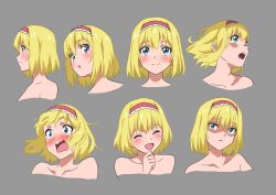 Rule 34 | 1girl, :o, alice margatroid, blonde hair, blue eyes, blush, character sheet, closed eyes, closed mouth, collarbone, commentary request, embarrassed, frilled hairband, frills, gyouza (mhea5724), hairband, happy, highres, lolita hairband, medium hair, red hairband, smile, solo, surprised, teeth, touhou, upper teeth only