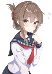 Rule 34 | 1girl, absurdres, anchor symbol, black sailor collar, black skirt, blush, brown eyes, brown hair, closed mouth, fathom, flying sweatdrops, folded ponytail, hair between eyes, highres, inazuma (kancolle), kantai collection, light smile, long hair, long sleeves, looking at viewer, neckerchief, pleated skirt, red neckerchief, sailor collar, school uniform, serafuku, sidelocks, simple background, skirt, solo, upper body, white background