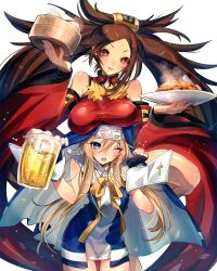 Rule 34 | 1boy, 1girl, :3, :d, ;o, alcohol, arm strap, bamboo steamer, bare shoulders, beer, beer mug, black gloves, blonde hair, blue dress, blue eyes, blush, bow, breast rest, breasts, breasts on head, bridget (guilty gear), brown eyes, brown hair, buckle, can, china dress, chinese clothes, clenched hand, cowboy shot, cross, cup, detached sleeves, dress, embarrassed, fingerless gloves, flying sweatdrops, foam, food, fried rice, fur trim, gloves, guilty gear, guilty gear xrd, guilty gear xx, habit, hair between eyes, hair ornament, hair rings, hair tubes, hairclip, halterneck, hands up, head tilt, holding, holding plate, kuradoberi jam, large breasts, leg lift, long hair, long sleeves, looking at viewer, mug, one eye closed, open mouth, oro (sumakaita), plate, raised eyebrows, short dress, short hair with long locks, sidelocks, simple background, sleeveless, sleeveless dress, smile, standing, sweatdrop, swept bangs, taut clothes, thigh gap, trap, turtleneck, very long hair, white background, white dress, wide sleeves, wince, wrist cuffs, yellow bow