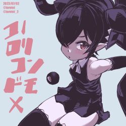 Rule 34 | 1girl, arms behind back, artist name, backbeako (torotei), backbeard, black dress, black gloves, black hair, black ribbon, blue background, blush, bow, bowtie, breasts, commentary request, dated, dress, elbow gloves, gegege no kitarou, gloves, hair over one eye, hair ribbon, kono lolicon domome, long hair, looking at viewer, one eye closed, original, parted lips, pointy ears, red eyes, ribbon, simple background, skindentation, sleeveless, sleeveless dress, small breasts, solo, thighhighs, torotei, translated, twintails, twitter username, white bow, white bowtie