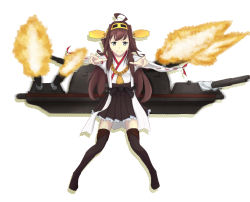 Rule 34 | 10s, 1girl, bare shoulders, black thighhighs, boots, brown hair, detached sleeves, double bun, firing, hair bun, hair ornament, hairband, headgear, highres, japanese clothes, kantai collection, kongou (kancolle), long hair, miko, ogap1138, personification, skirt, smile, solo, thigh boots, thighhighs, white background, wide sleeves, zettai ryouiki
