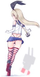 Rule 34 | 1girl, anchor hair ornament, ass, black panties, blue skirt, commentary request, crop top, elbow gloves, gloves, hair ornament, hairband, highleg, highleg panties, kantai collection, lifebuoy, microskirt, miniskirt, panties, rensouhou-chan, rudder footwear, sailor collar, school uniform, serafuku, shimakaze (kancolle), simple background, skirt, striped clothes, striped thighhighs, swim ring, thighhighs, thighs, thong, tiemu (man190), underwear, white background, white gloves