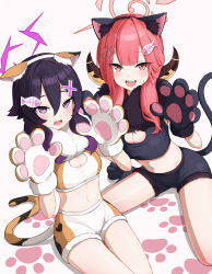 Rule 34 | 2girls, absurdres, animal ears, animal hands, aru (blue archive), black shorts, blue archive, blush, breasts, cat ears, cat paws, cat tail, cleavage, cleavage cutout, clothing cutout, fake animal ears, fake tail, fang, gloves, hair between eyes, halo, haruka (blue archive), highres, hotta karasi, large breasts, long hair, medium breasts, multiple girls, open mouth, paw gloves, paw print, pink hair, pink halo, purple eyes, purple hair, purple halo, shorts, simple background, tail, white background, white shorts, yellow eyes