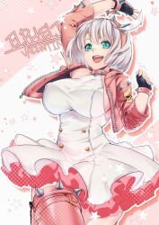 Rule 34 | 1girl, ahoge, black gloves, boots, bracelet, breasts, character name, clover, collar, dress, elphelt valentine, fingerless gloves, four-leaf clover, frilled dress, frills, gloves, green eyes, guilty gear, guilty gear strive, hairband, highres, huge ahoge, jacket, jewelry, kusu (moo1225), large breasts, long sleeves, looking at viewer, open mouth, pink dress, pink footwear, pink hairband, pink jacket, short hair, sideboob, smile, spiked bracelet, spiked collar, spiked hairband, spikes, star (symbol), thigh boots, two-tone dress, v, white dress, white hair