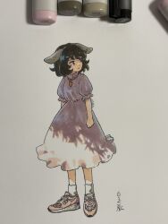 Rule 34 | 1girl, alternate footwear, animal ears, art tools in frame, carrot necklace, clenched hand, closed mouth, commentary request, dress, expressionless, floppy ears, full body, highres, inaba tewi, jewelry, looking to the side, marker, marker (medium), medium hair, necklace, photo (medium), pink dress, pink footwear, puffy short sleeves, puffy sleeves, rabbit ears, rabbit girl, rabbit tail, shiratama (hockey), shoes, short sleeves, signature, sneakers, socks, solo, tail, touhou, traditional media, white socks