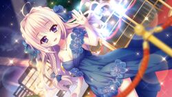 Rule 34 | 1girl, ahoge, bare arms, bare shoulders, blonde hair, blue bow, blue dress, blue eyes, blue flower, bow, braid, breasts, building, city lights, cityscape, cleavage, cloud, collarbone, crowd, crown braid, dot nose, dress, dutch angle, film grain, flower, game cg, hair bow, hair intakes, izumi tsubasu, jewelry, lens flare, long braid, long hair, looking at viewer, medium breasts, mole, mole under each eye, mole under eye, multiple moles, necklace, night, night sky, non-web source, off-shoulder dress, off shoulder, official art, open mouth, outdoors, re:stage!, red carpet, shiratori amaha (re:stage!), silhouette, sky, smile, solo, sparkle, stanchion, star (sky), starry sky, waving
