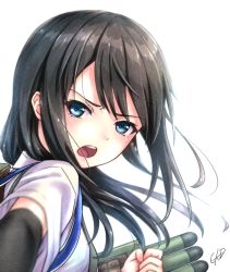Rule 34 | 10s, 1girl, arm warmers, asashio (kancolle), backpack, bag, black hair, blue eyes, blush, brown hair, clenched hand, gotou hisashi, kantai collection, long hair, looking at viewer, looking to the side, open mouth, personification, randoseru, school uniform, short sleeves, signature, simple background, solo, suspenders, tears, torpedo, turret, white background