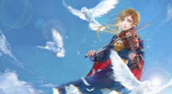 Rule 34 | 1girl, azur lane, blonde hair, blue capelet, blue coat, blue eyes, blue sky, capelet, coat, dudu (9671), earrings, hair over shoulder, highres, holding, holding instrument, holding violin, hood (azur lane), instrument, jewelry, long hair, looking at viewer, music, neckerchief, outdoors, playing instrument, sky, solo, union jack, violin, white neckerchief