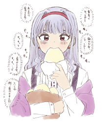 Rule 34 | 1girl, bag, blunt bangs, blush, buttons, earrings, eating, eyebrows, food, grey hair, hairband, headband, highres, holding, holding bag, holding food, idolmaster, idolmaster (classic), jewelry, long hair, long sleeves, looking at viewer, off shoulder, red eyes, shijou takane, shirt, sidelocks, simple background, sketch, solo, suspenders, thick eyebrows, white background, white shirt, wrapper