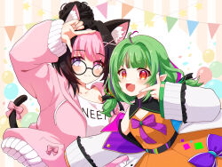 Rule 34 | 2girls, @ @, ahoge, animal ear fluff, animal ears, arm up, balloon, black-framed eyewear, black hair, bow, cat ears, cat girl, cat tail, clothes writing, coat, collarbone, commission, darlingstrawb, dress, fang, green hair, hair intakes, heart, heart-shaped pupils, heart ahoge, heterochromia, hexa (vtuber), highres, indie virtual youtuber, medium hair, multicolored coat, multicolored hair, multiple girls, open mouth, orange dress, pink bow, pink eyes, pink hair, pink sweater, pointy ears, purple bow, purple eyes, purple hair, red eyes, red hair, round eyewear, shirt, short eyebrows, skeb commission, skin fang, star (symbol), streaked hair, sweater, symbol-shaped pupils, tail, tail bow, tail ornament, two side up, virtual youtuber, white coat, white shirt, yui mirano