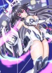 Rule 34 | 1girl, armpit peek, bare shoulders, black hair, bodysuit, breasts, bursting breasts, covered navel, gloves, gray sister (neptunia), highres, large breasts, legs, long hair, neptune (series), open mouth, pink eyes, thick thighs, thighs