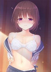 Rule 34 | 1girl, bare shoulders, blue sailor collar, blue skirt, blush, bra, breasts, brown hair, cleavage, closed mouth, collarbone, day, embarrassed, floral print, frown, hicha nomu, lingerie, long sleeves, looking at viewer, navel, open clothes, open fly, open shirt, open skirt, original, panties, panty peek, pleated skirt, print bra, purple eyes, sailor collar, school uniform, serafuku, shirt, short hair, skirt, small breasts, smile, solo, stomach, sunlight, twitter username, underwear, undressing, upper body, white bra, white panties, white shirt