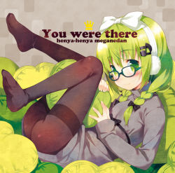 Rule 34 | 1girl, album cover, black pantyhose, blush, braid, child, cover, english text, full body, glasses, green eyes, green hair, hair over shoulder, hairband, heart, heart-shaped pillow, legs up, long hair, looking at viewer, lying, matching hair/eyes, meito (maze), on back, original, pantyhose, pillow, ribbed sweater, romaji text, smile, solo, sweater, thighband pantyhose, twin braids