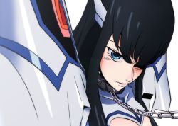Rule 34 | 10s, 1girl, armor, bdsm, black hair, blue eyes, breasts, chain, cleavage, cleavage cutout, close-up, clothing cutout, collar, foreshortening, genya (genya67), junketsu, kill la kill, kiryuuin satsuki, long hair, navel, parted lips, pauldrons, shoulder armor, simple background, smile, solo, white background