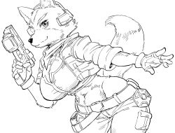 Rule 34 | 1girl, animal ears, animal nose, bb (baalbuddy), belt, body fur, breasts, cargo pants, cleavage, commentary, cropped jacket, english commentary, finger on trigger, fingerless gloves, fox ears, fox mccloud, fox tail, furry, furry female, genderswap, genderswap (mtf), gloves, greyscale, groin, gun, handgun, headgear, highres, holding, holding gun, holding weapon, holster, large breasts, lowleg, lowleg pants, midriff, monochrome, narrow waist, navel, neckerchief, nintendo, pants, pistol, scouter, snout, solo, star fox, super smash bros., tail, weapon, wide hips