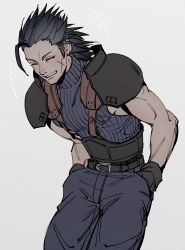 Rule 34 | 1boy, armor, belt, black gloves, black hair, closed eyes, film grain, final fantasy, final fantasy vii, gloves, grey background, grin, hair slicked back, hands in pockets, happy, highres, male focus, medium hair, muscular, muscular male, oimo (oimkimn), parted lips, pauldrons, scar, scar on face, shoulder armor, simple background, smile, solo, teeth, turtleneck, zack fair