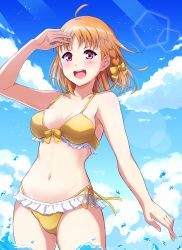 Rule 34 | 1girl, :d, antenna hair, bare arms, bikini, blue sky, blush, bow, bow bikini, braid, breasts, cleavage, cloud, collarbone, frill trim, frills, hair bow, halterneck, hand over eye, highres, in water, looking at viewer, love live!, love live! sunshine!!, medium breasts, medium hair, nail polish, navel, open mouth, orange hair, outdoors, parted bangs, qy73, red eyes, side-tie bikini bottom, sky, sleeveless, smile, solo, sunlight, swimsuit, takami chika, teeth, upper teeth only, wading, water, water drop, yellow bikini, yellow bow