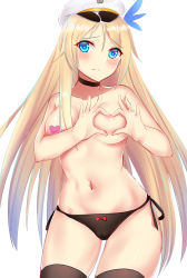 Rule 34 | 1girl, absurdres, bad id, bad pixiv id, black panties, black thighhighs, blonde hair, blue eyes, blush, bow, bow panties, breasts, cameltoe, cang se ye hua, choker, chromatic aberration, covered erect nipples, cowboy shot, hair ornament, hat, heart-shaped boob challenge, heart pasties, highres, jewelry, long hair, looking at viewer, medium breasts, navel, panties, pasties, peaked cap, ring, saratoga (warship girls r), side-tie panties, solo, stomach, thighhighs, underwear, very long hair, warship girls r, wedding band, white background