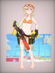 Rule 34 | 1girl, ammunition pouch, barefoot, belt, bikini, black gloves, blonde hair, blue eyes, blue sky, breasts, brown background, car, closed mouth, collarbone, commentary request, expressionless, full body, gloves, goggles, grid background, heel up, holding, holding water gun, kuro4221, light blush, looking to the side, motor vehicle, orange bikini, original, palm tree, pouch, short hair, sky, small breasts, solo, standing, straight-on, swimsuit, tan, tanline, traffic light, tree, utility belt, water gun