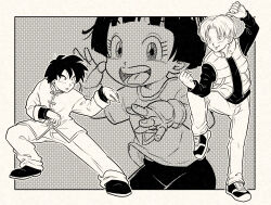 Rule 34 | 1girl, 2boys, absurdres, bowl cut, child, chinese clothes, clenched hand, commentary, dragon ball, dragon ball super, dragon ball super super hero, english commentary, fighting stance, fingerless gloves, frown, gloves, greyscale, highres, monochrome, multiple boys, open mouth, pan (dragon ball), pink mousse, shoes, short hair, smile, sneakers, son goten, standing, standing on one leg, trunks (dragon ball), vest
