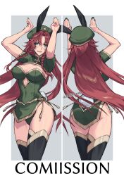 Rule 34 | animal ears, aqua eyes, ass, beret, boots, braid, breasts, cleavage, fake animal ears, gold trim, green headwear, hat, hat ornament, highres, himadera, hong meiling, large breasts, leotard, loincloth, long hair, playboy bunny, rabbit ears, rabbit pose, red hair, shrug (clothing), smile, star (symbol), star hat ornament, strapless, strapless leotard, thigh boots, thighs, touhou, twin braids