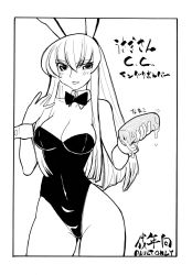 Rule 34 | 00s, 1girl, animal ears, artificial vagina, bare shoulders, blush, breasts, rabbit ears, c.c., cleavage, code geass, covered navel, curvy, detached collar, fake animal ears, highres, kikuta, leotard, long hair, monochrome, playboy bunny, playboy bunny, sex toy, skirt, solo, traditional media, translation request