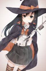 Rule 34 | 1girl, absurdres, asashio (kancolle), black hair, black thighhighs, blue eyes, cape, frilled skirt, frills, halloween, halloween costume, hat, highres, kanae (inorin05kanae), kantai collection, long hair, long sleeves, looking at viewer, neck ribbon, pleated skirt, ribbon, school uniform, shirt, simple background, skirt, smile, solo, staff, suspender skirt, suspenders, thighhighs, white background, white shirt, witch, witch hat