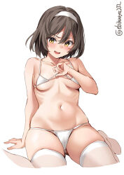 Rule 34 | 1girl, bare shoulders, bikini, bikini top lift, blush, breasts, brown hair, cameltoe, clothes lift, collarbone, ebifurya, hair between eyes, hairband, highres, kantai collection, lifting own clothes, looking at viewer, micro bikini, midriff, navel, one-hour drawing challenge, open mouth, short hair, simple background, sitting, small breasts, solo, string bikini, swimsuit, tanikaze (kancolle), thighhighs, thighs, twitter username, wariza, wavy mouth, white background, white bikini, white hairband, white thighhighs, yellow eyes