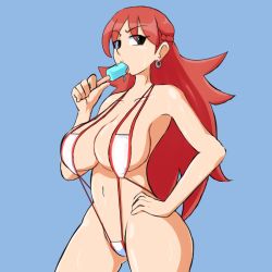 Rule 34 | 1girl, bikini, blue background, braid, breasts, cleavage, cowboy shot, earrings, eating, food, french braid, fupoo, hand on own hip, holding, holding food, jewelry, large breasts, long hair, looking at viewer, mega man (series), mega man battle network, mega man battle network (series), mega man battle network 1, ms. madd (mega man), navel, popsicle, red hair, shadow, simple background, slingshot swimsuit, solo, swimsuit, very long hair, white bikini