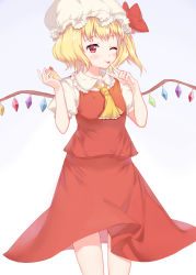 Rule 34 | 1girl, ascot, bad id, bad pixiv id, blonde hair, blush, cake, crystal, flandre scarlet, food, gradient background, hat, highres, looking at viewer, mob cap, puffy sleeves, red eyes, shirt, short hair, short sleeves, side ponytail, skirt, skirt set, smile, solo, tongue, tongue out, touhou, vest, wings, yanfen