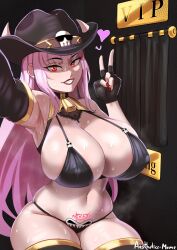Rule 34 | 1girl, absurdres, aestheticc-meme, alternate breast size, armpits, bell, bikini, blush, breasts, cleavage, covered erect nipples, cowbell, cowboy hat, hat, highres, hololive, hololive english, huge breasts, jewelry, lipstick, long hair, makeup, mori calliope, navel, pink eyes, pink hair, skull, smile, solo, string bikini, swimsuit, tattoo, thick thighs, thighhighs, thighs, v, virtual youtuber