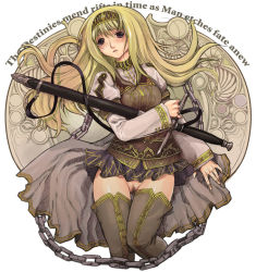 Rule 34 | 1girl, alicia, alicia (valkyrie profile 2), art nouveau, blonde hair, blue eyes, boots, female pubic hair, hairband, long hair, lowleg, mk (mod0), no panties, overskirt, pubic hair, puffy sleeves, sheath, sheathed, skirt, solo, standing, sword, thigh boots, thighhighs, valkyrie profile (series), valkyrie profile 2: silmeria, weapon