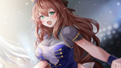 Rule 34 | 1girl, :d, animal ears, blush, breasts, brown hair, cleavage, green eyes, highres, horse ears, horse girl, horse tail, large breasts, long hair, looking at viewer, maruzensky (umamusume), official alternate costume, open mouth, see-through, see-through cleavage, short sleeves, skin tight, smile, solo, starting future (umamusume), tail, umamusume, yuki (asayuki101)
