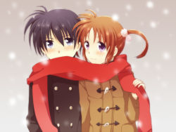 Rule 34 | 1boy, 1girl, blue eyes, blue hair, blush, brown hair, chrono harlaown, coat, hair ornament, looking at another, lyrical nanoha, mahou shoujo lyrical nanoha, mahou shoujo lyrical nanoha a&#039;s, scarf, scarf over mouth, short hair, short twintails, side-by-side, smile, snowing, standing, takamachi nanoha, takana (nanao), twintails