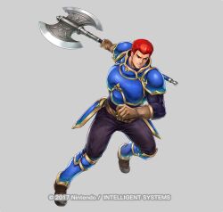 Rule 34 | 1boy, armor, axe, blue armor, breastplate, brown gloves, clenched hand, copyright name, fire emblem, fire emblem: mystery of the emblem, fire emblem heroes, gloves, holding, holding axe, mixed-language commentary, nintendo, official art, pauldrons, red eyes, red hair, shoulder armor, vyland (fire emblem), yamada koutarou