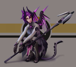 Rule 34 | 1girl, absurdres, armor, bodysuit, breasts, dark persona, demon horns, emblem, facial mark, faulds, forehead mark, full body, grey background, hair between eyes, highres, holding, holding staff, horns, imp mercy, lips, lipstick, long hair, looking at viewer, makeup, mechanical wings, medium breasts, mercy (overwatch), nose, official alternate costume, overwatch, overwatch 1, ponytail, purple eyes, purple hair, purple wings, solo, squatting, staff, wings, zt eighteen