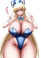 Rule 34 | 1girl, absurdres, blonde hair, blue archive, blue eyes, blue leotard, breasts, cleavage, curvy, detached collar, double v, doutei no roran, expressionless, female focus, gluteal fold, highleg, highleg leotard, highres, huge breasts, leotard, playboy bunny, shiny skin, solo, standing, thick thighs, thigh gap, thighs, toki (blue archive), toki (bunny) (blue archive), v, w arms, white background, wide hips