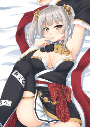 Rule 34 | 1girl, arm up, armpits, black thighhighs, bow, braid, breasts, brown eyes, cleavage, crown braid, detached sleeves, fingers to mouth, hand up, highres, jin-guang sheng-pu, knee up, looking at viewer, lying, medium breasts, on back, on bed, red bow, sano souichi, sennen sensou aigis, silver hair, skirt, thighhighs, two side up, white skirt